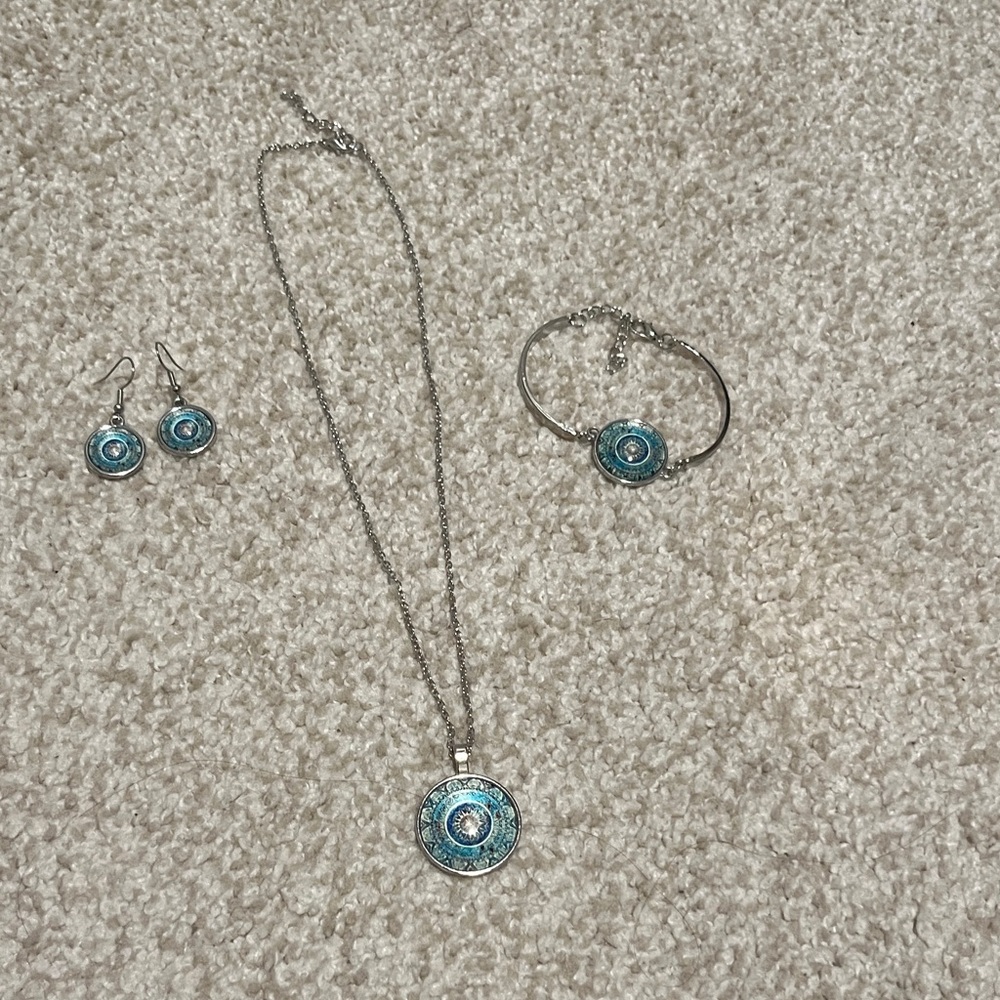 Silver-Tone Blue Mandala Pendant Necklace, Bracelet & Earring Set
